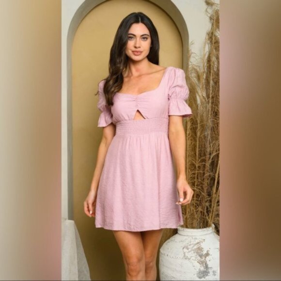 Fanco Francesca Mauve Milkmaid Mini Dress Cut Out Puff Sleeve Smocked New Small - Picture 6 of 14